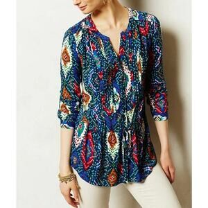 Anthropologie Maeve Topoxte Geometric Ikat Button Front Tie Waist Blouse Top